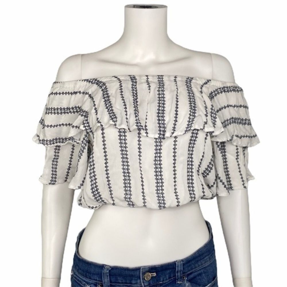 Paper Heart White Blue Ruffled Off Shoulder Crop Top Y2K Festival Boho Size S - Picture 2 of 6